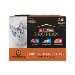 Una caja de 24 unidades de comida húmeda para gatos Pro Plan Complete Essentials paquete variado de mariscos.