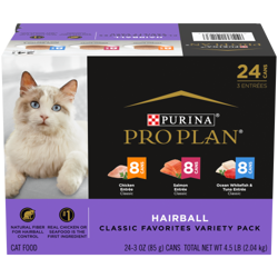 Una caja de 24 unidades de comida húmeda para gatos Pro Plan Hairball Favoritos Clásicos paquete variado.