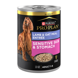A 13 oz can of Purina Pro Plan Sensitive Skin and Stomach Lamb and Oat Meal wet dog food