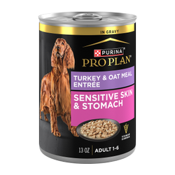 A 13 oz can of Purina Pro Plan Sensitive Skin and Stomach Turkey and Oat Meal wet dog food