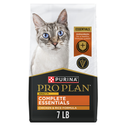A 7 lb bag of Purina Pro Plan Complete Essentials adult seven plus chicken and rice dry cat food.