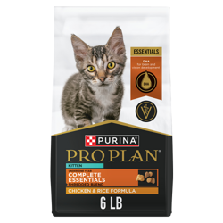Una bolsa de 6 lb de alimento seco para gatitos Purina Pro Plan Complete Essentials mezcla desmenuzada de pollo y arroz.