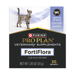 Una caja de 30 sobres de Pro Plan Veterinary Supplements FortiFlora suplemento para la salud felina.