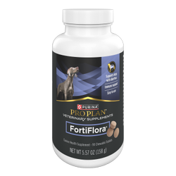 A bottle of 90 Chewable Tablets of Pro Plan Veterinary Supplements FortiFlora Canine Health Supplement.