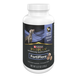 Una botella de 90 tabletas masticables de Pro Plan Veterinary Supplements FortiFlora suplemento para la salud canina.