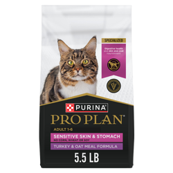Una bolsa de 5.5 libras de alimento seco para gatos Purina Pro Plan Piel Sensible y Estómago Sensible Adulto con pavo y avena.