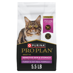 A 5.5 pound bag of Purina Pro Plan Sensitive Skin and Stomach Adult Turkey and Oat Meal dry cat food.