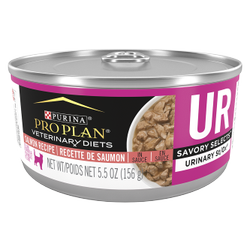 A 5.5 ounce can of Purina Pro Plan Veterinary Diets UR Urinary St/Ox salmon wet cat food