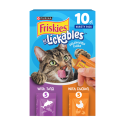 Una caja de 10 unidades del paquete variado de Friskies lil Lickables, puré lamible para dar con la mano con atún o pollo, premios lamibles para gatos.