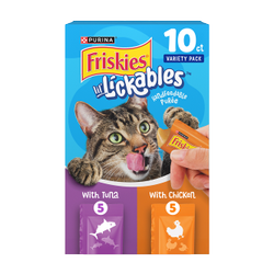 A 10 count box of Friskies lil Lickables variety pack handfeedable puree with tuna or chicken lickable cat treats.