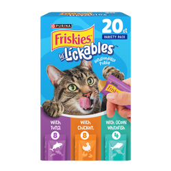A 20 count box of Friskies lil Lickables variety pack handfeedable puree with tuna chicken or whitefish lickable cat treats.