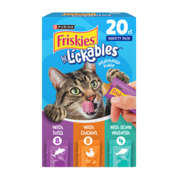 Una caja de 20 unidades del paquete variado de Friskies lil Lickables, puré para dar con la mano con atún, pollo o pescado blanco, premios lamibles para gatos.