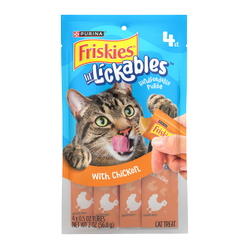 A bag containing 4 tubes of Friskies lil Lickables handfeedable puree with chicken lickable cat treats.