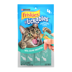 A bag containing 4 tubes of Friskies lil Lickables handfeedable puree with ocean whitefish lickable cat treats.