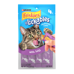A bag containing 4 tubes of Friskies lil Lickables handfeedable puree with tuna lickable cat treats.