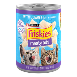 A 13.5 ounce can of Friskies Meaty Bits with ocean fish in sauce wet cat food.