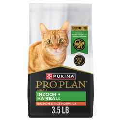 A 3.5-pound bag of Purina Pro Plan Indoor Hairball salmon and rice dry cat food.