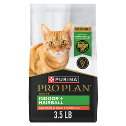 A 3.5-pound bag of Purina Pro Plan Indoor Hairball salmon and rice dry cat food.