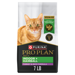 A 7 pound bag of Pro Plan Indoor Hairball Turkey and Rice dry cat food.