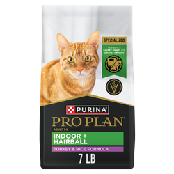 A 7 pound bag of Pro Plan Indoor Hairball Turkey and Rice dry cat food.