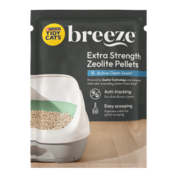 Tidy Cats Breeze Active Clean Scent Extra Strength Zeolite Pellets package.