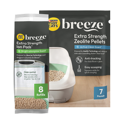 Tidy Cats Breeze Extra Strength Refill Bundle Pack with Ion Pads and Zeolite Pellets packages.