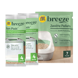Tidy Cats Breeze Refill Bundle Pack With Ion Pads and Zeolite Pellets packages.