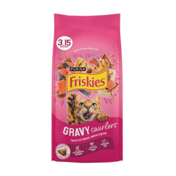 Alimento seco para gatos Friskies Gravy Swirlers con sabores de pollo, salmón y salsa.