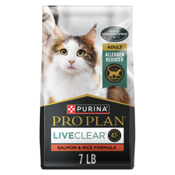 Una bolsa de 7 libras de alimento seco para gatos adultos Pro Plan LiveClear reductor de alérgenos con salmón y arroz.