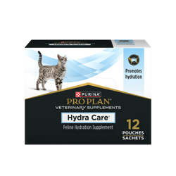 A 12 pouch case of Pro Plan Veterinary Supplements Hydra Care feline hydration supplement.