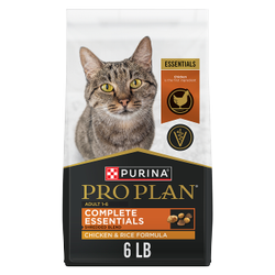 A 6 pound bag of Pro Plan Complete Essentials Shredded Blend chicken and rice dry cat food.