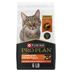 Una bolsa de 6 libras de Pro Plan Complete Essentials mezcla desmenuzada de salmón y arroz alimento seco para gatos.
