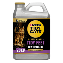 Un contenedor de 20 lb de arena para gatos Tidy Cats Performance Plus Tidy Feet de Bajo Rastreo con Aroma a Ropa Limpia.