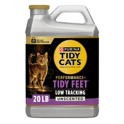 A 20 lb jug of Tidy Cats Performance Plus Tidy Feet Low Tracking Unscented cat litter.