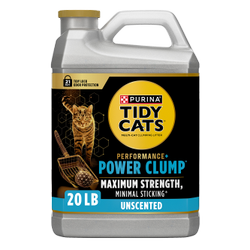 A 20 lb jug of Tidy Cats Performance Plus Power Clump Unscented Multi Cat Litter.