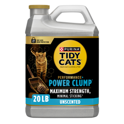 Un envase de 20 lb de Tidy Cats Performance Plus Power Clump Multi Cat Litter sin fragancia.