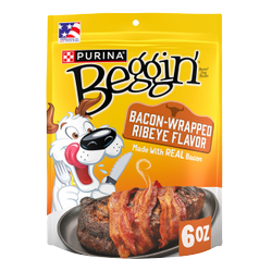 A 6 oz package of Beggin' Bacon-Wrapped Ribeye Flavor dog treats.