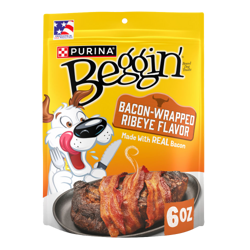 A 6 oz package of Beggin' Bacon-Wrapped Ribeye Flavor dog treats.