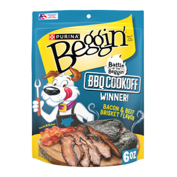 A 6 oz package of Beggin' Bacon & Beef Brisket flavored dog treats. Winner of the 2025 Battle of the Beggin' BBQ Cookoff.