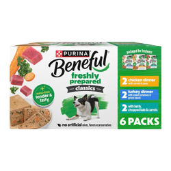 A 6 count box of Beneful Freshly Prepared Classic with chicken, turkey, and lamb package