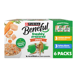 A 6 count box of Beneful Freshly Prepared Stews Dinner with chicken and turkey package