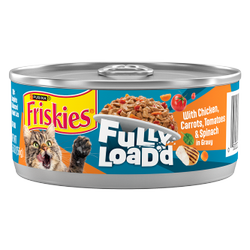 A 5.5 ounce can of Friskies Fully Loaded chicken and carrots tomatoes and spinach in gravy wet cat food.