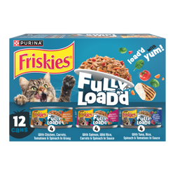 Un paquete variado de 12 latas de alimento húmedo para gatos Friskies Fully Load’d con sabores de pollo, atún y salmón