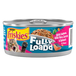 A 5.5 ounce can of Friskies Fully Loaded salmon wild rice carrots and spinach in sauce wet cat food.