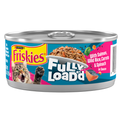 Una lata de 5.5 onzas de alimento húmedo para gatos Friskies Fully Load’d de salmón, arroz salvaje, zanahorias y espinaca en salsa.