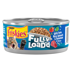 Una lata de 5.5 onzas de alimento húmedo para gatos Friskies Fully Load’d de atún, arroz, tomates y espinaca en salsa