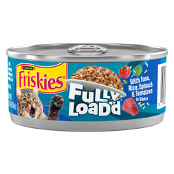 A 5.5 ounce can of Friskies Fully Loaded tuna rice tomatoes and spinach in sauce wet cat food.