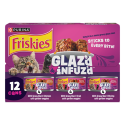 Un paquete variado de 12 latas de alimento húmedo para gatos Friskies Glazed and Infuzed. 4 latas de pollo, cangrejo y camarón.