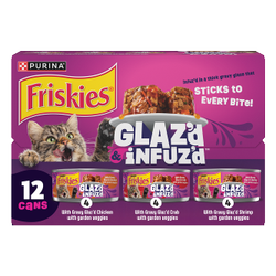 A 12 can variety pack of Friskies Glazed and Infuzed wet cat food. 4 Cans each of Chicken Crab and Shrimp.