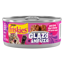 Una lata de 5.5 onzas de Friskies Glazed and Infuzed con camarón y vegetales de jardín en salsa, alimento húmedo para gatos.